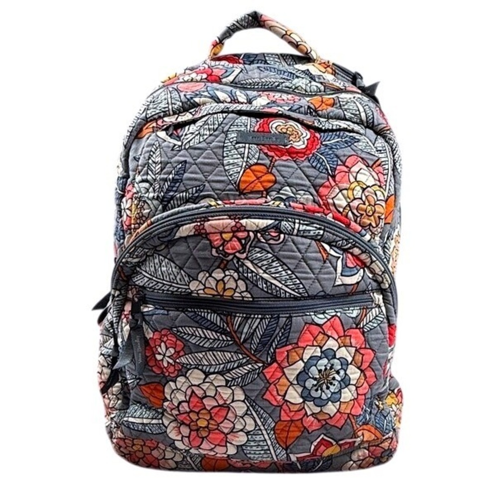 Vera Bradley Indiana Rose Quilted Cotton Campus Backpack Gray Floral